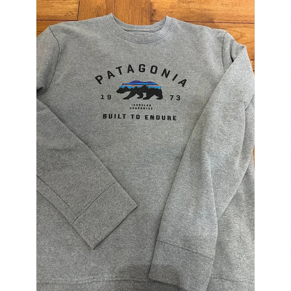 Patagonia Gray Sweatshirt with Black and Blue Bear Design - Picture 1 of 7